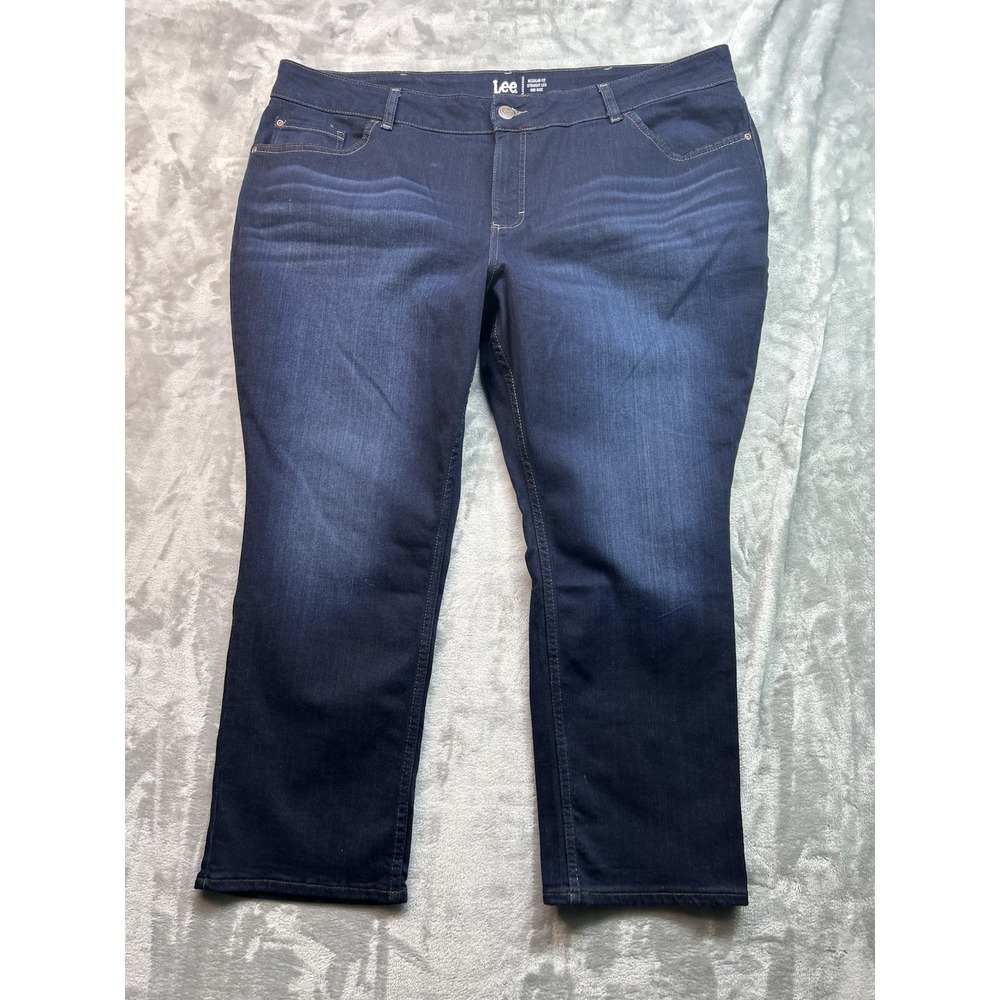Lee Womens Plus Sz‎ 26WP Blue Jeans Mid Rise Straight Leg Dark Stretch Whiskered